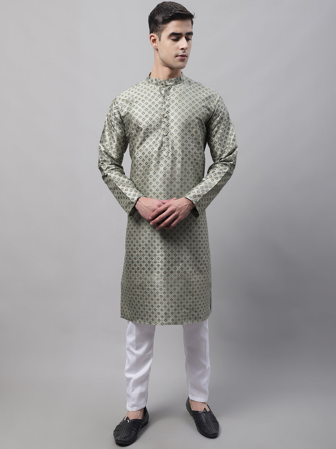 Men's Green Printed Silk Blend Kurta Pajama