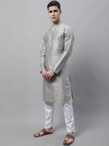 Men's Grey Printed Silk Blend Kurta Pajama