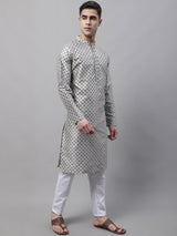 Men's Grey Printed Silk Blend Kurta Pajama