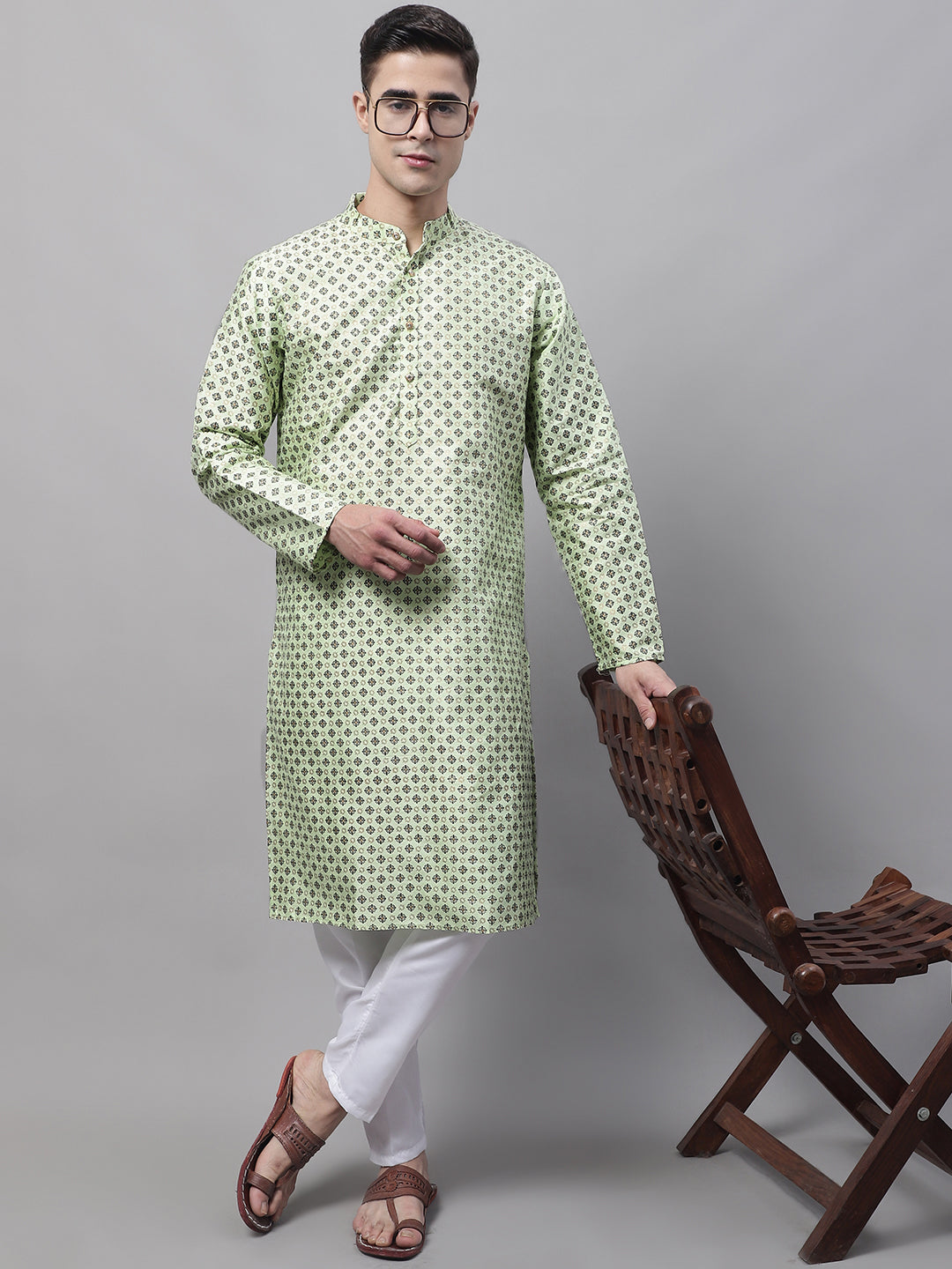 Men's Pista Green Printed Silk Blend Kurta Pajama