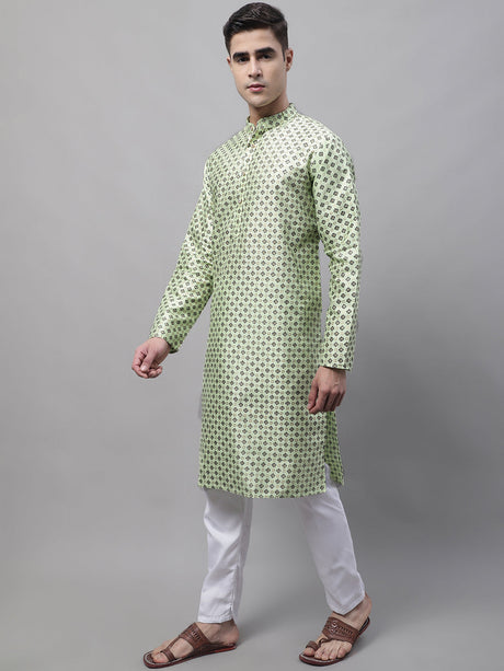 Men's Pista Green Printed Silk Blend Kurta Pajama