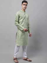 Men's Pista Green Printed Silk Blend Kurta Pajama