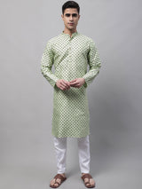 Men's Pista Green Printed Silk Blend Kurta Pajama