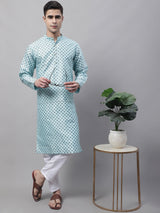 Men's Sky Blue Printed Silk Blend Kurta Pajama