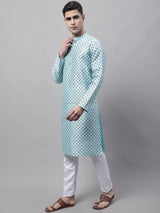 Men's Sky Blue Printed Silk Blend Kurta Pajama