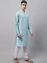 Men's Sky Blue Printed Silk Blend Kurta Pajama