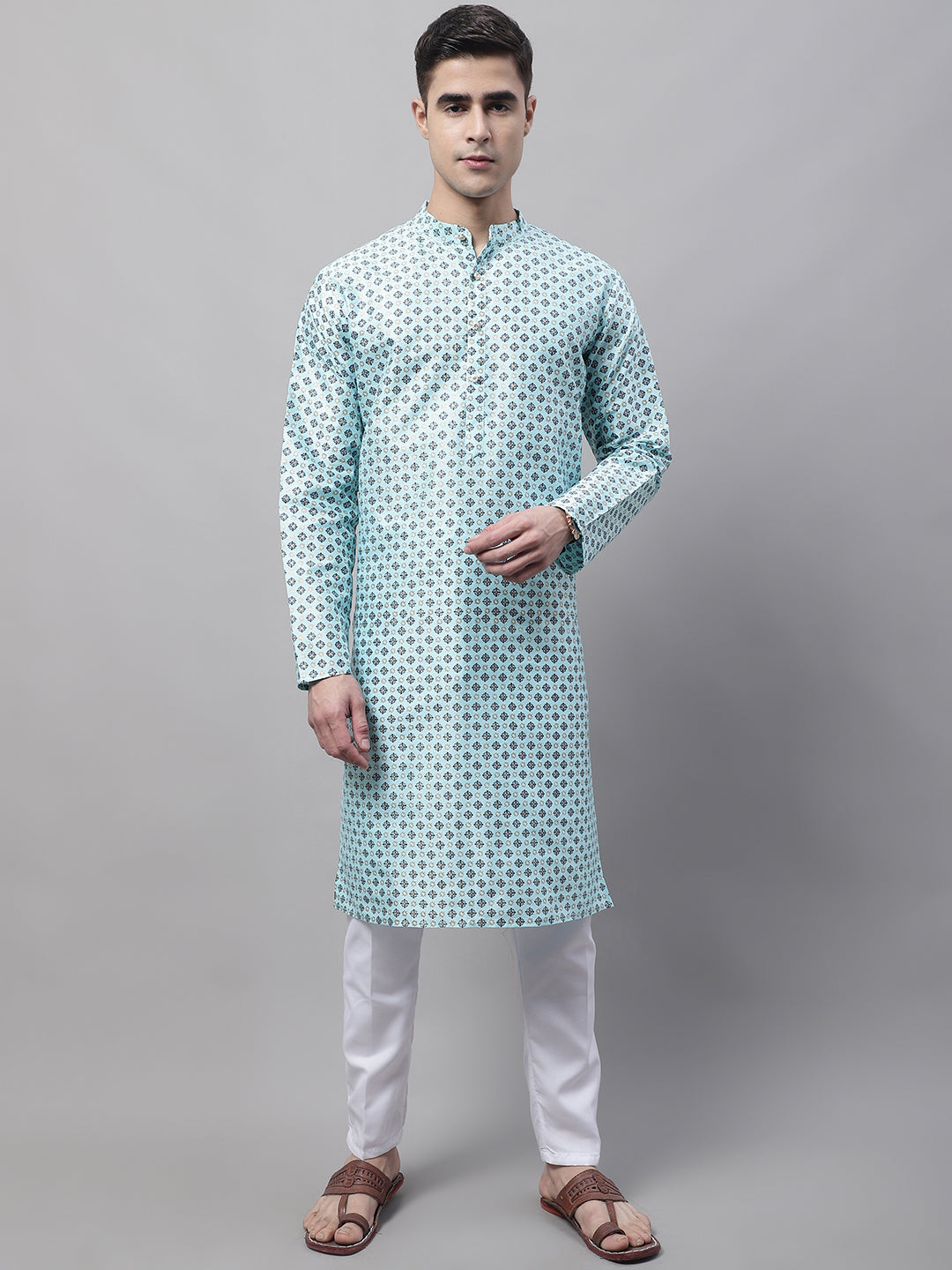 Men's Sky Blue Printed Silk Blend Kurta Pajama