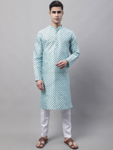 Men's Sky Blue Printed Silk Blend Kurta Pajama