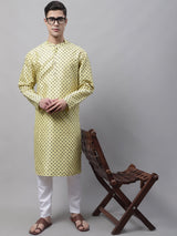 Men's Yellow Printed Silk Blend Kurta Pajama