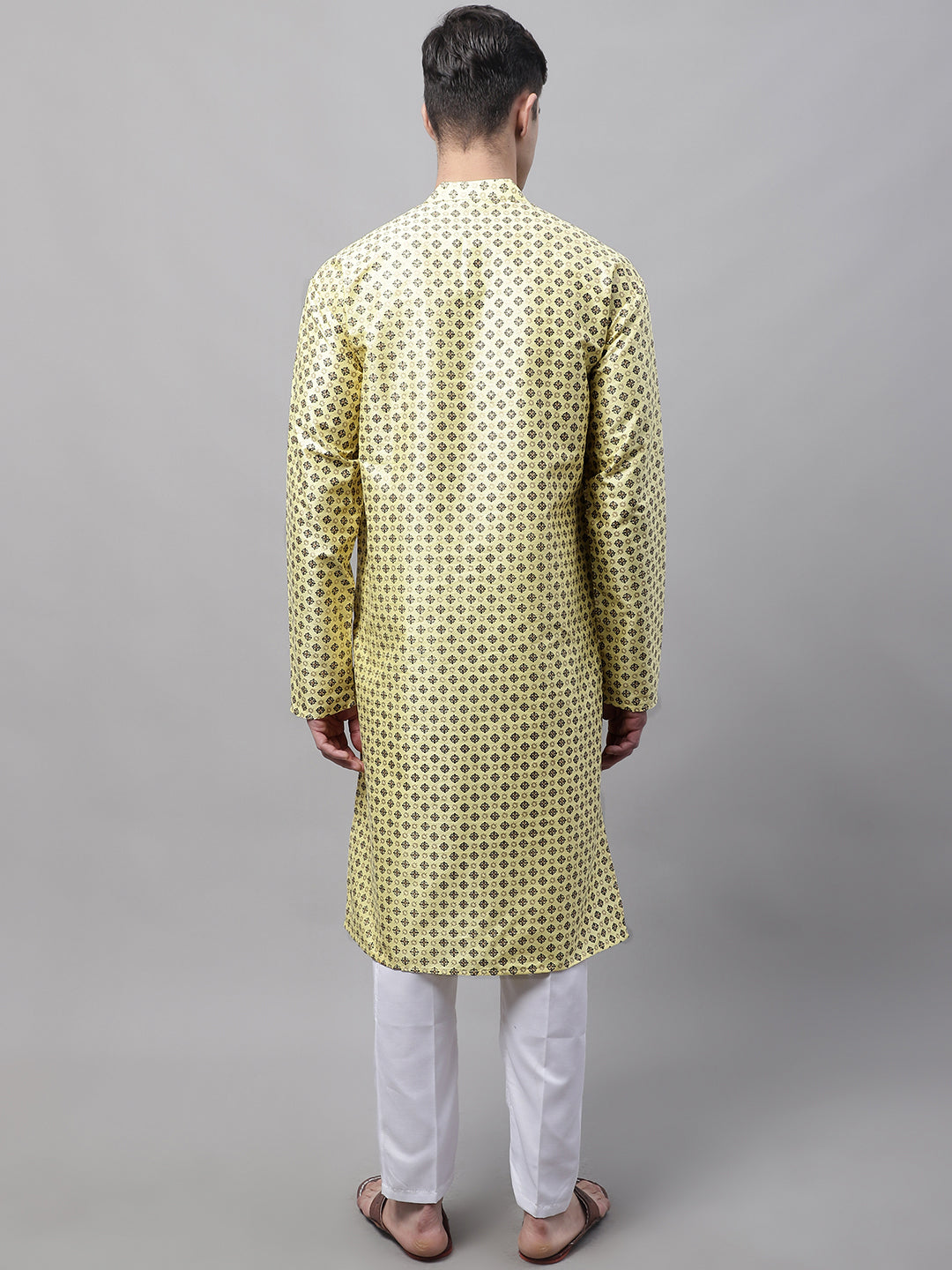 Men's Yellow Printed Silk Blend Kurta Pajama