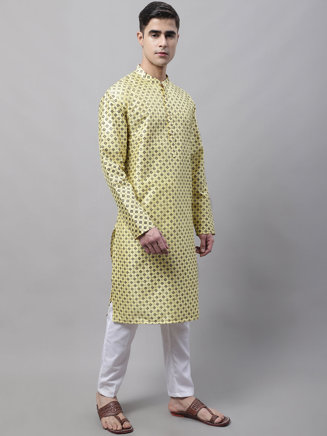 Men's Yellow Printed Silk Blend Kurta Pajama