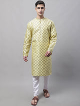 Men's Yellow Printed Silk Blend Kurta Pajama