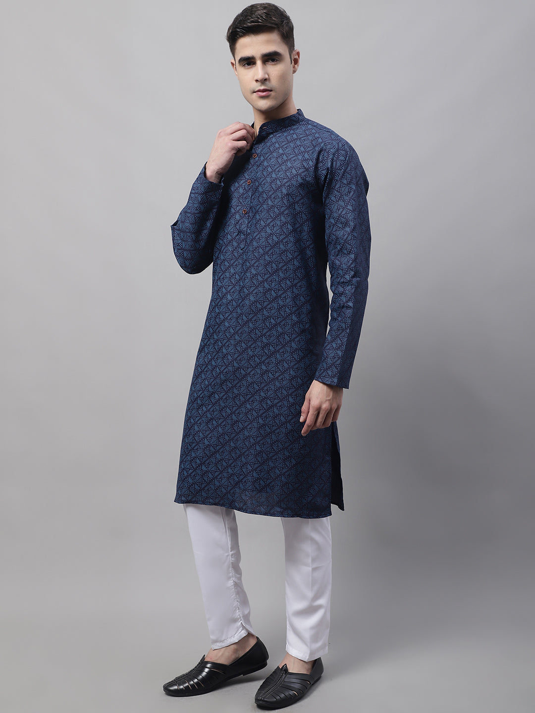 Men's Navy Blue Printed Pure Cotton Kurta Pajama Set