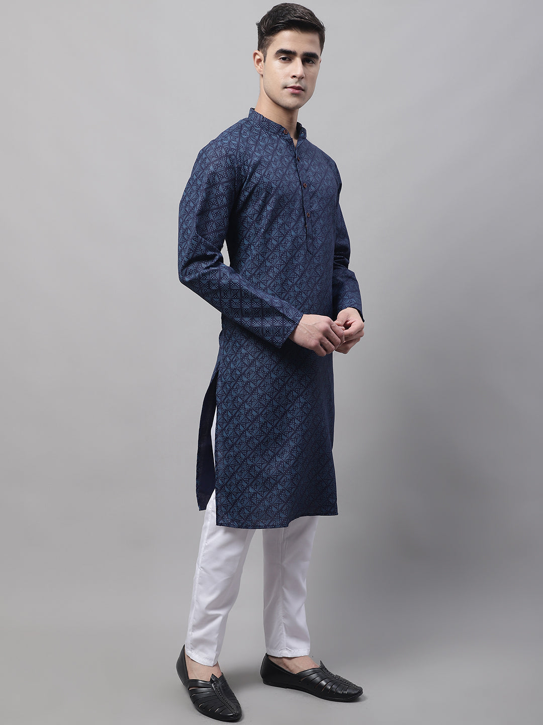 Men's Navy Blue Printed Pure Cotton Kurta Pajama Set