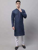 Men's Navy Blue Printed Pure Cotton Kurta Pajama Set