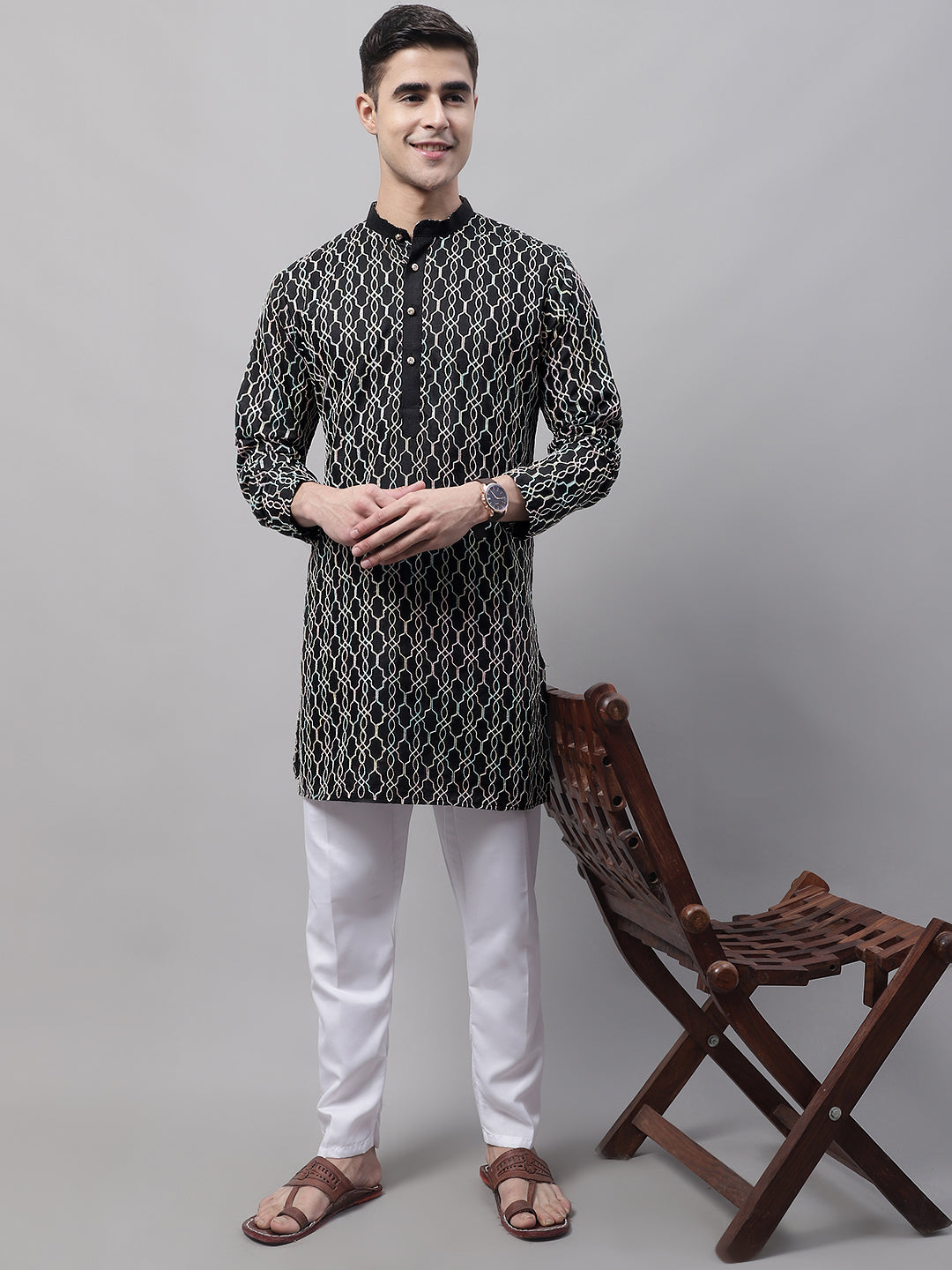 Men's Black And Multi Colored Embroidered Straight Kurta Pajama Set