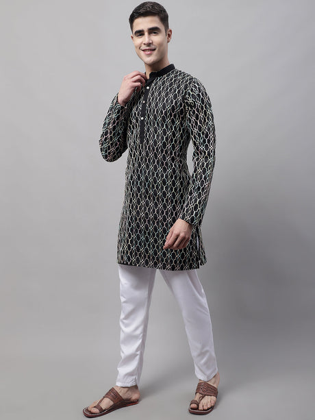 Men's Black And Multi Colored Embroidered Straight Kurta Pajama Set