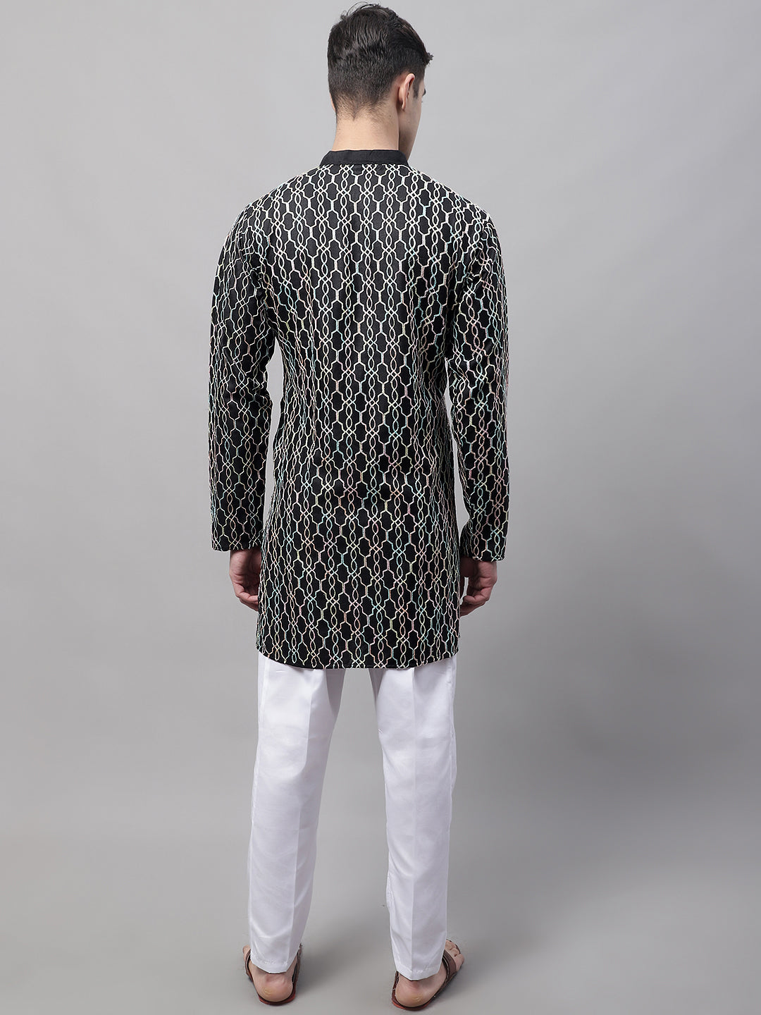 Men's Black And Multi Colored Embroidered Straight Kurta Pajama Set