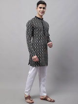 Men's Black And Multi Colored Embroidered Straight Kurta Pajama Set