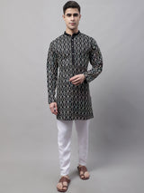 Men's Black And Multi Colored Embroidered Straight Kurta Pajama Set