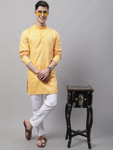 Men's Mustard And Multi Colored Embroidered Straight Kurta Pajama Set