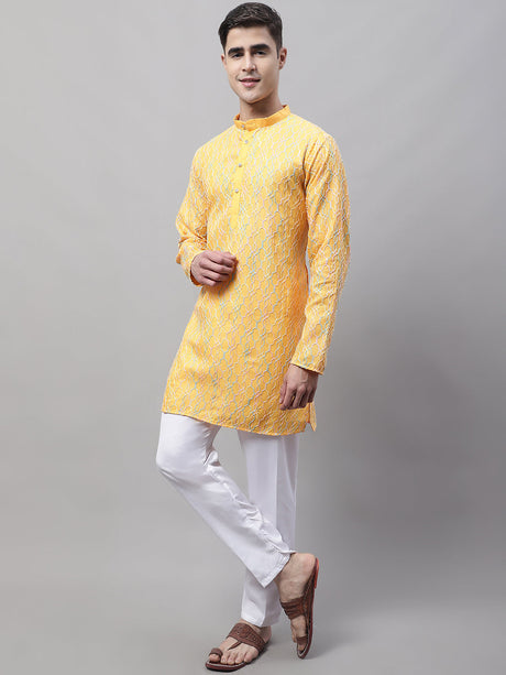 Men's Mustard And Multi Colored Embroidered Straight Kurta Pajama Set