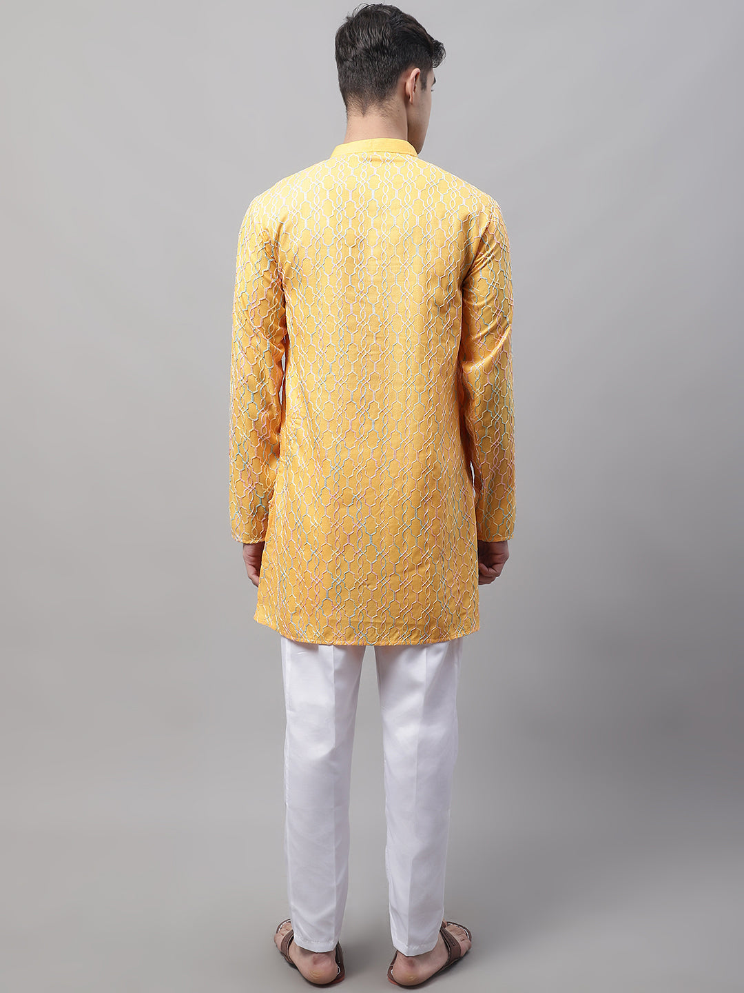 Men's Mustard And Multi Colored Embroidered Straight Kurta Pajama Set