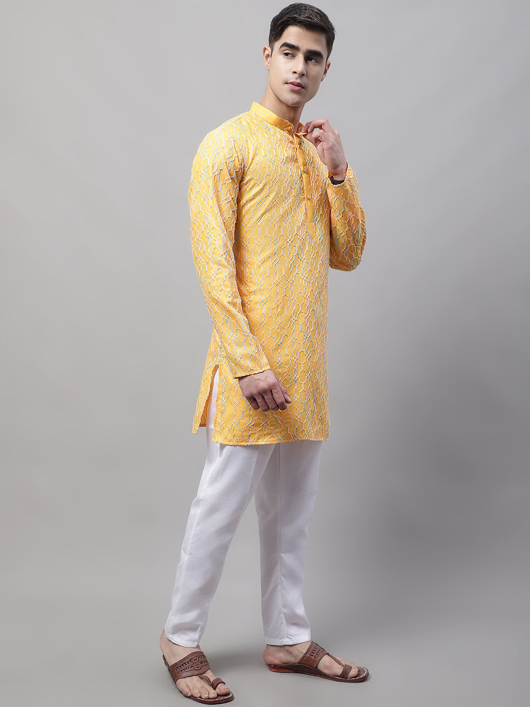 Men's Mustard And Multi Colored Embroidered Straight Kurta Pajama Set