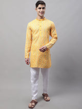 Men's Mustard And Multi Colored Embroidered Straight Kurta Pajama Set