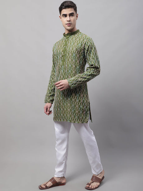 Men's Olive Green And Multi Colored Embroidered Straight Kurta Pajama Set