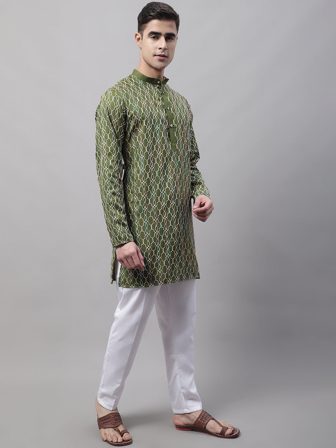 Men's Olive Green And Multi Colored Embroidered Straight Kurta Pajama Set