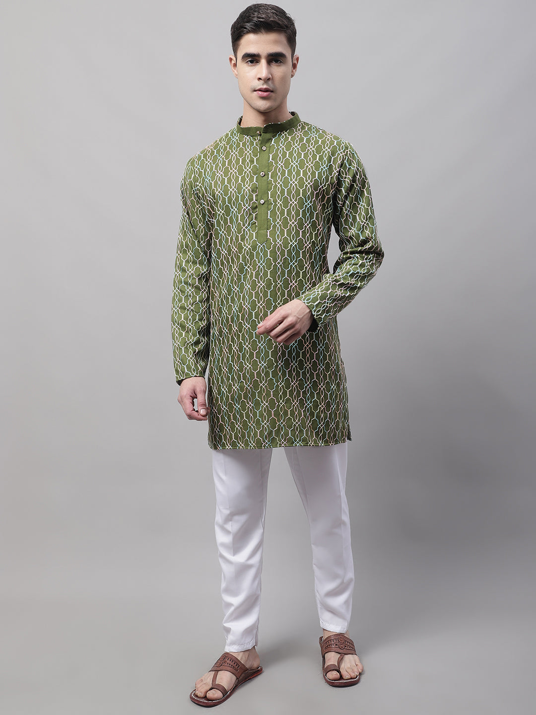 Men's Olive Green And Multi Colored Embroidered Straight Kurta Pajama Set