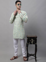 Men's Pista  Green And Multi Colored Embroidered Straight Kurta Pajama Set