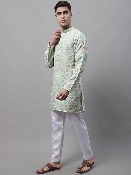 Men's Pista  Green And Multi Colored Embroidered Straight Kurta Pajama Set