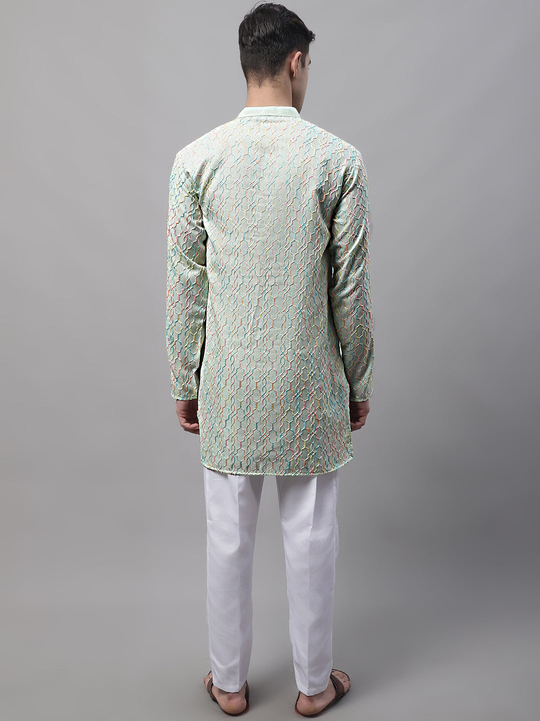 Men's Pista  Green And Multi Colored Embroidered Straight Kurta Pajama Set