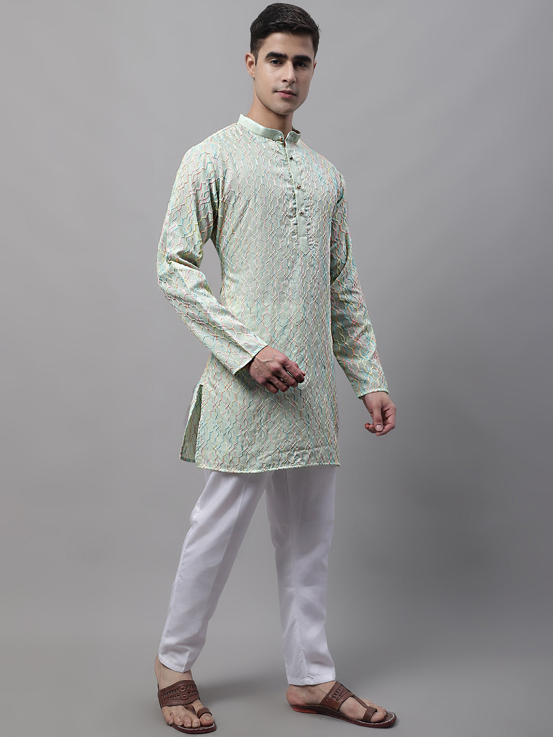 Men's Pista  Green And Multi Colored Embroidered Straight Kurta Pajama Set