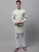 Men's Pista  Green And Multi Colored Embroidered Straight Kurta Pajama Set