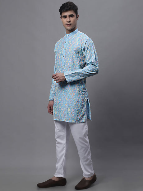 Men's Sky Blue and Multi Coloured Embroidered Straight Kurta Pyjama Set