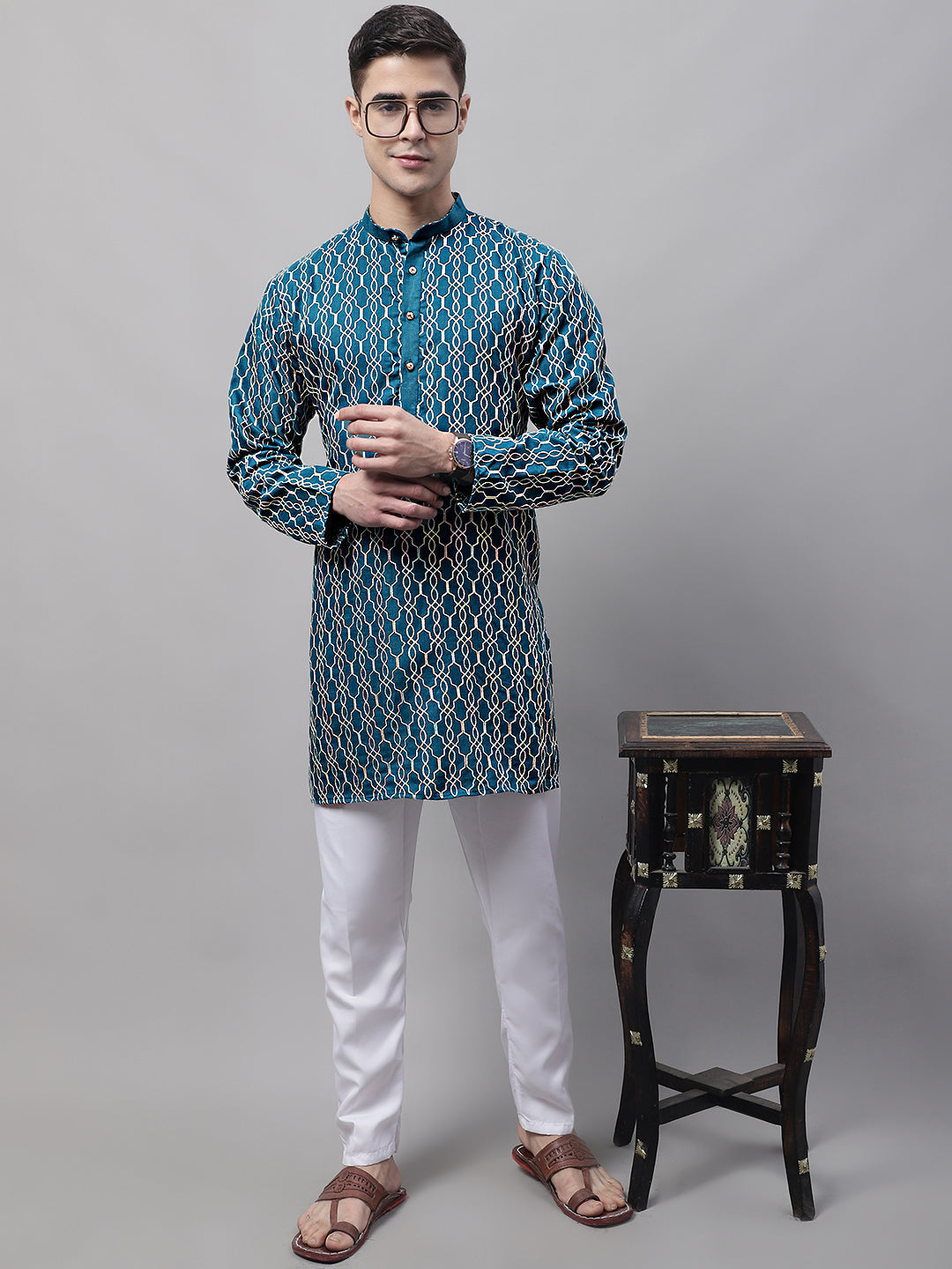 Men's Teal Blue And Multi Colored Embroidered Straight Kurta Pajama Set