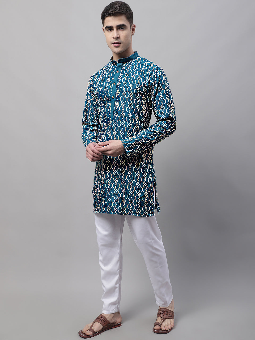 Men's Teal Blue And Multi Colored Embroidered Straight Kurta Pajama Set