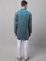 Men's Teal Blue And Multi Colored Embroidered Straight Kurta Pajama Set