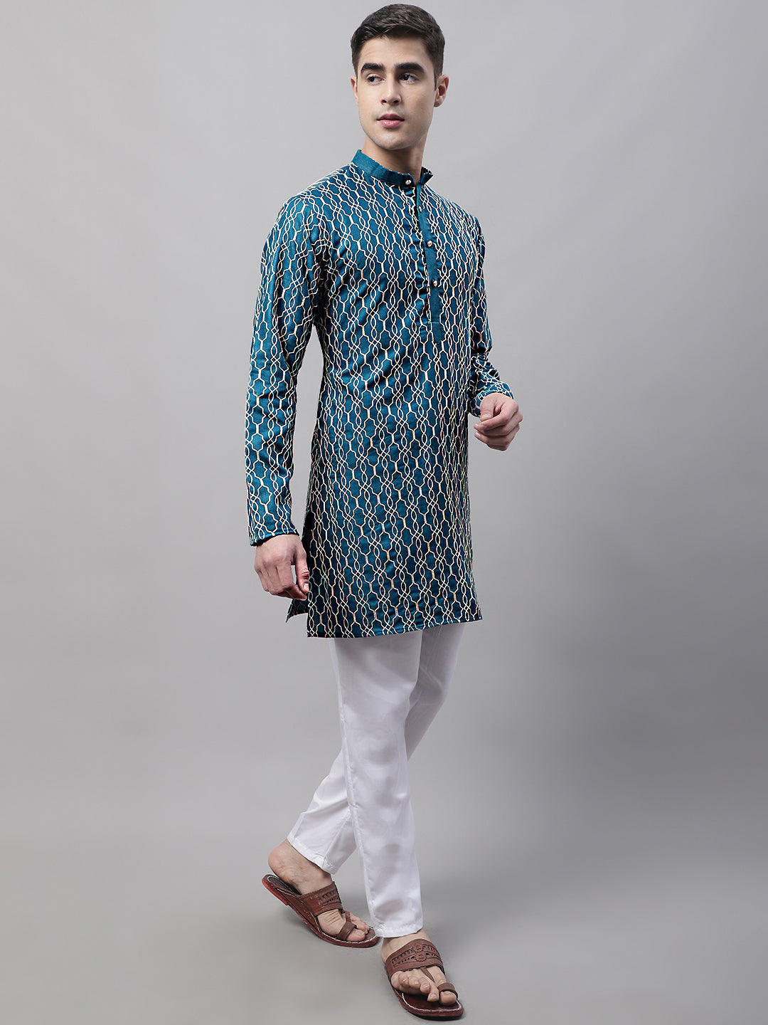 Men's Teal Blue And Multi Colored Embroidered Straight Kurta Pajama Set