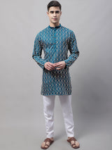 Men's Teal Blue And Multi Colored Embroidered Straight Kurta Pajama Set