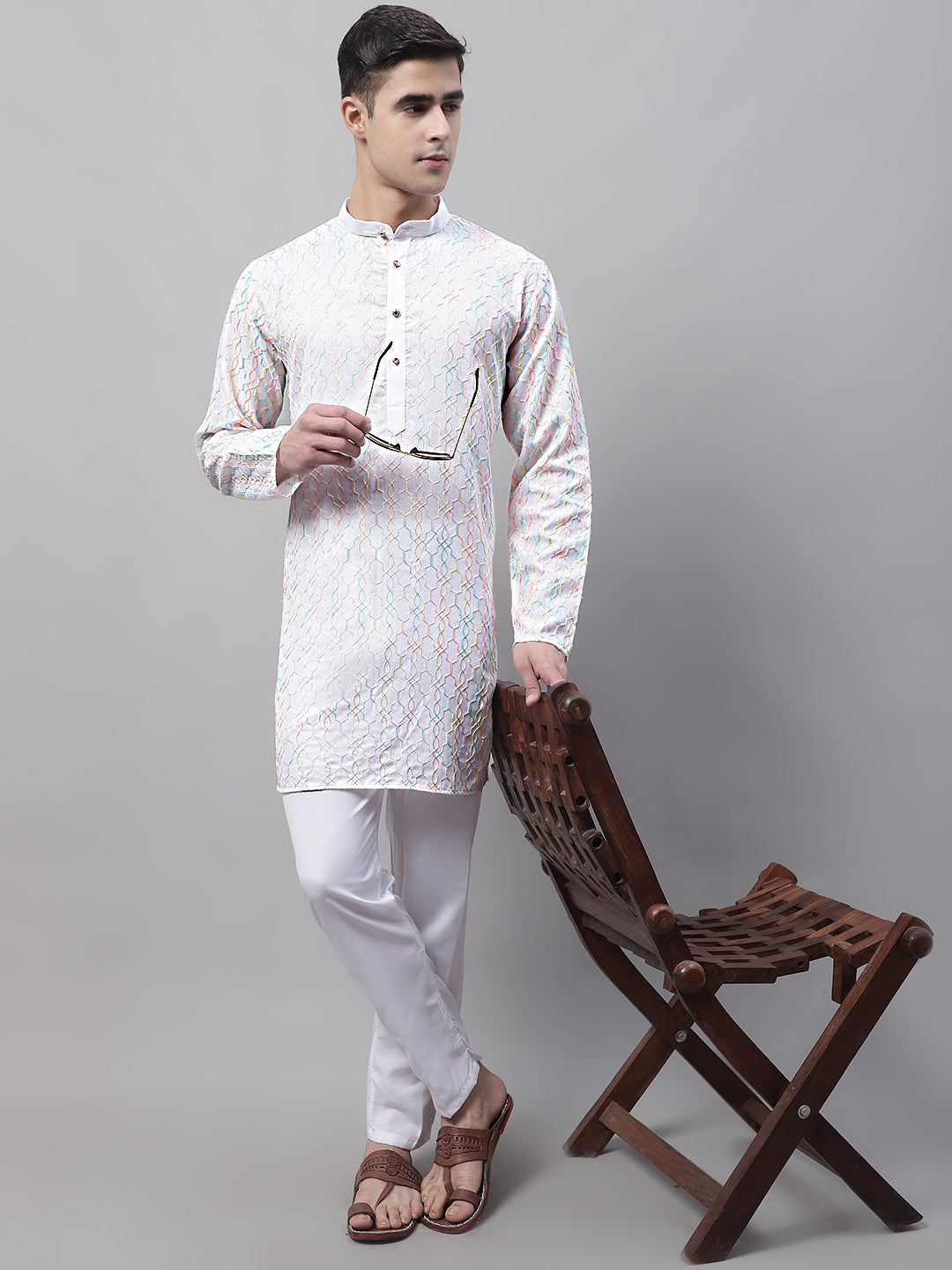 Men's White And Multi Colored Embroidered Straight Kurta Pajama Set