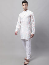 Men's White And Multi Colored Embroidered Straight Kurta Pajama Set