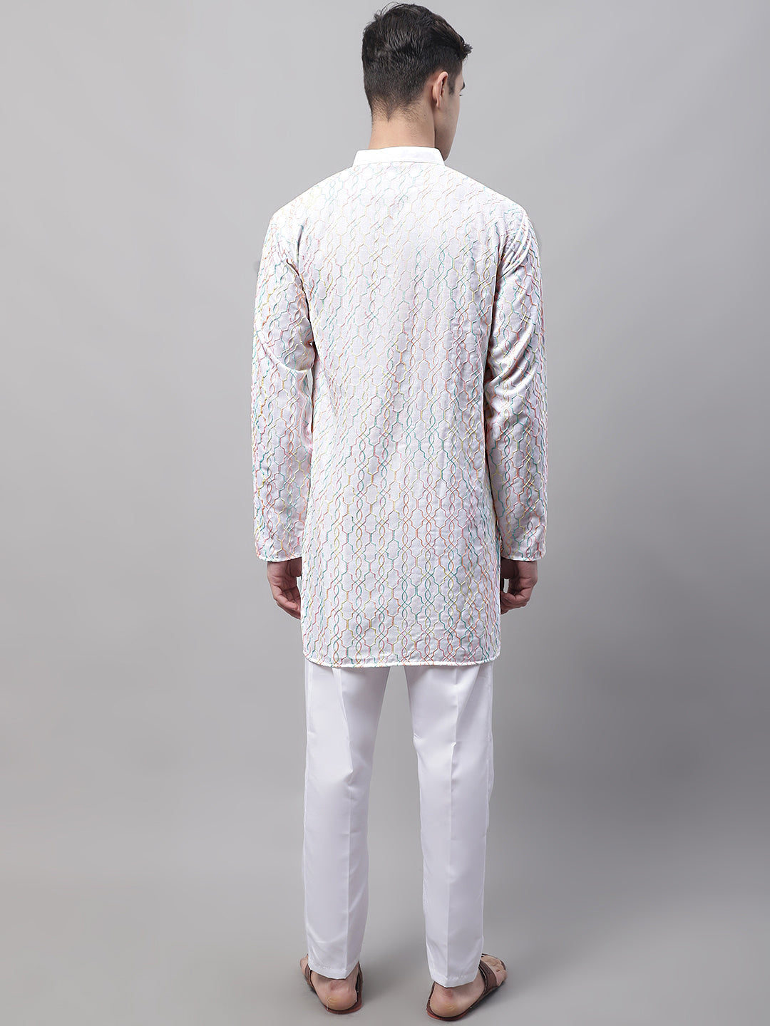 Men's White And Multi Colored Embroidered Straight Kurta Pajama Set