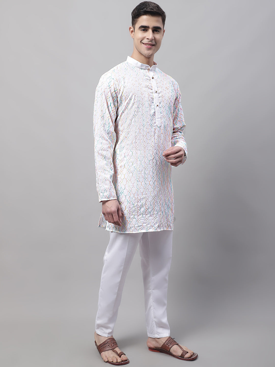 Men's White And Multi Colored Embroidered Straight Kurta Pajama Set