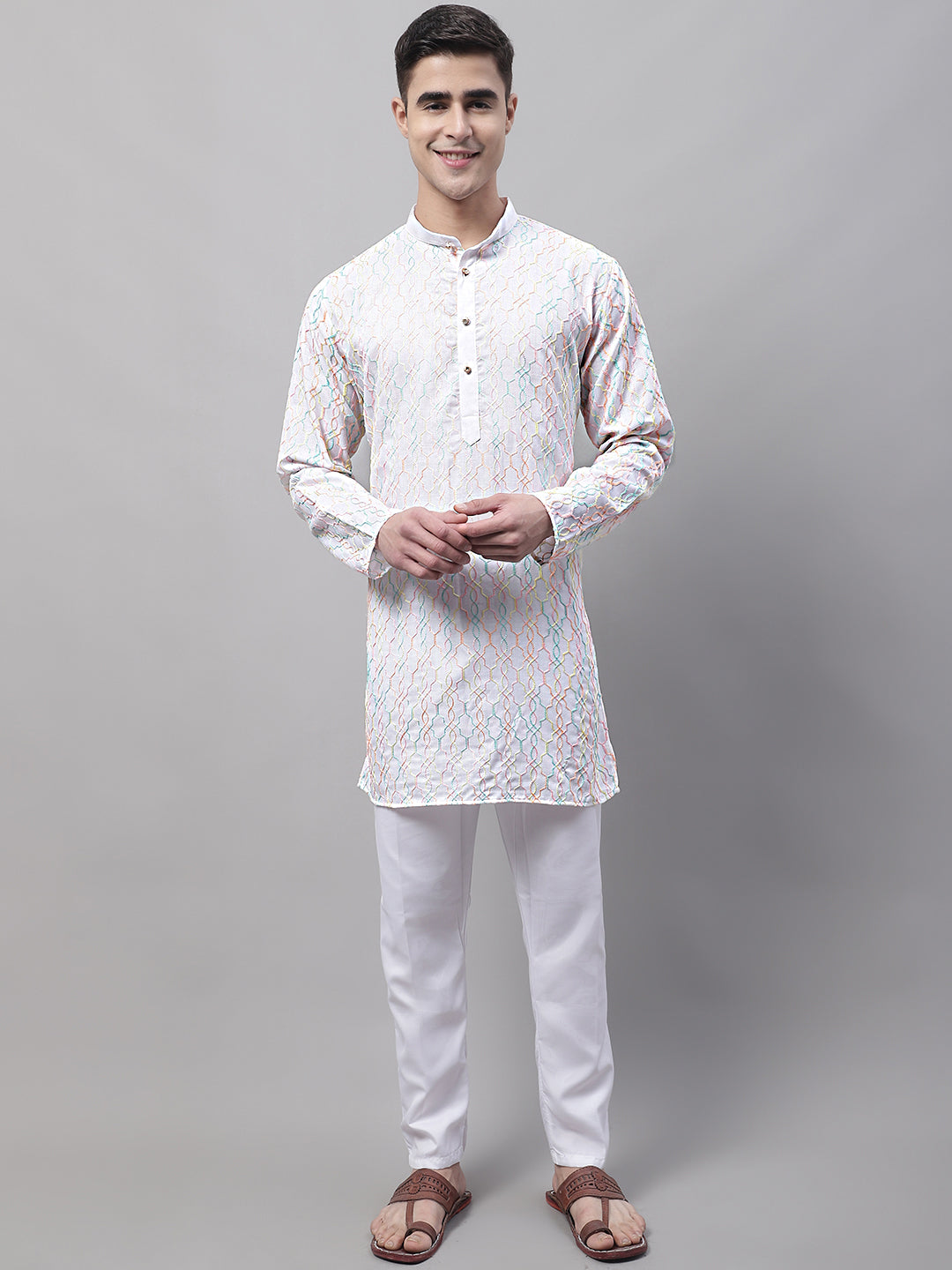 Men's White And Multi Colored Embroidered Straight Kurta Pajama Set