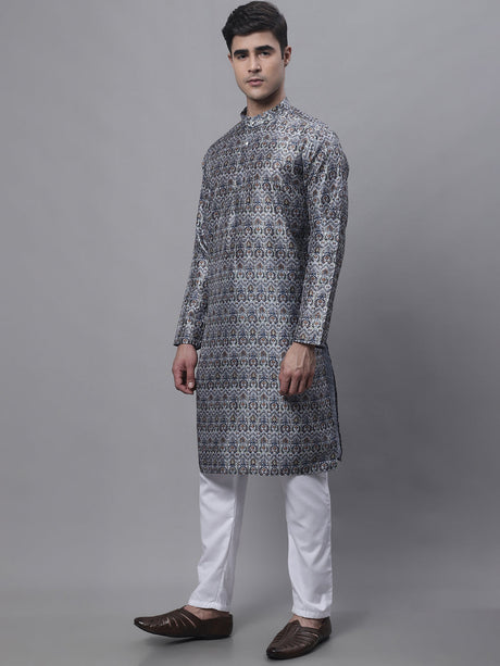 Men's Silver Digital Printed Kurta Pyjama Set