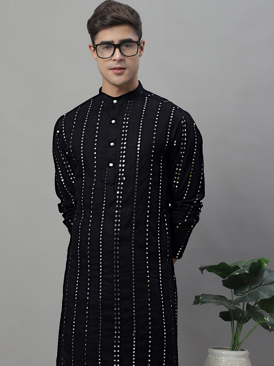 Men's Black Embroidered Mirror Work Kurta